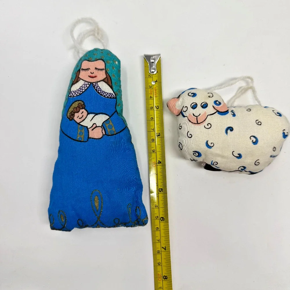 Handmade Fabric Nativity Ornaments Mary Baby Jesus Sheep Lot of 2